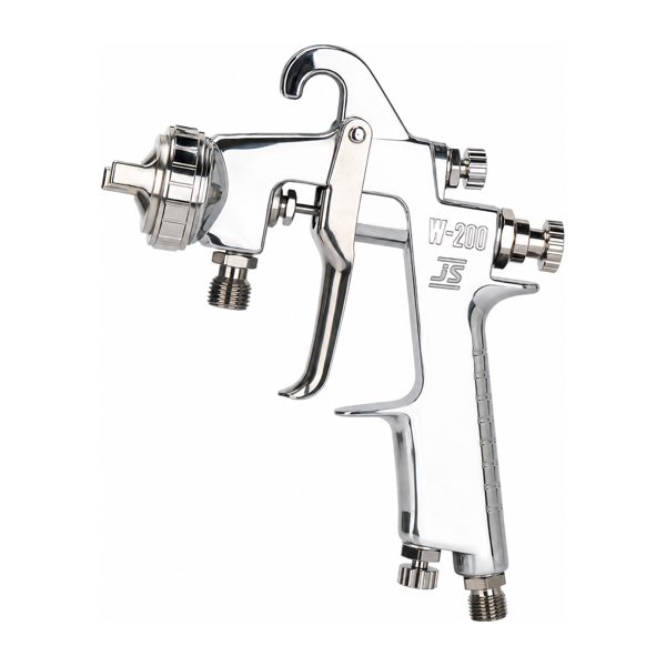 Pressure feed spray gun with stainless steel fluid passages and ergonomic body